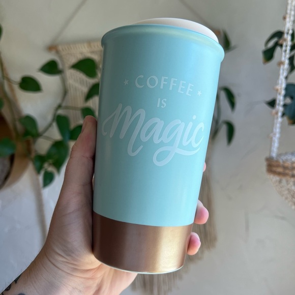 Starbucks “Coffee Is Magic” Ceramic Travel Mug Tumbler Gold Base, Collectible - Picture 1 of 7